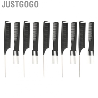 Justgogo Metal Tail Combs Set  Alloy 10pcs Eliminate Tangle Pin Teasing Combs Set Parting Portable Comfortable Handles  for Barber for Barbershop