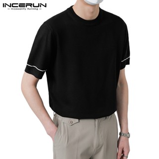 Incerun เสื้อยืดแขนสั้น ผ้าถัก สีพื้น