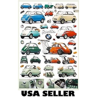 Bmw Isetta Assortment โปสเตอร์รถมินิรุ่น Thru ปี Minicar คล้าย Volkswagen Vw Beetle พื้นหลังสีขาวส่ง