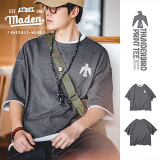 Maden เสื้อยืดลําลอง แขนสั้น พิมพ์ลายนกอินเดีย ทรงหลวม สไตล์เรโทร สําหรับผู้ชาย