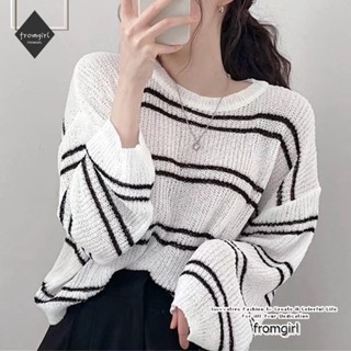เสื้อยืดแขนยาว ผ้าถัก ทรงหลวม ลายทาง แฟชั่นฤดูใบไม้ผลิ สไตล์เกาหลี