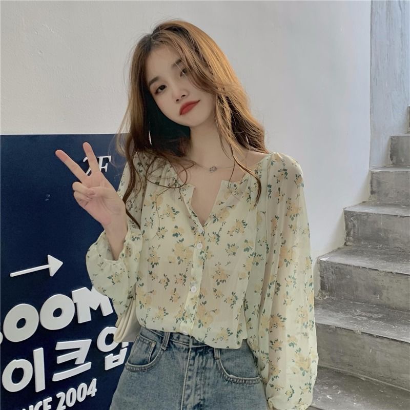 เสื้อเชิ้ตแขนยาว ผ้าชีฟอง ลายดอกไม้ สไตล์ฝรั่งเศส สําหรับผู้หญิง