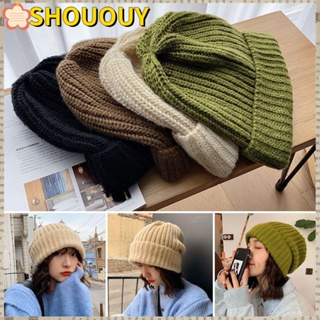 SHOUOUY หมวกบีนนี่ ผ้าถัก สีพื้น น่ารัก สําหรับผู้หญิง และผู้ชาย