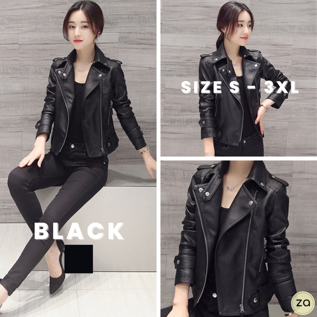 HOT SALE เสื้อแจ็คเก็ตหนังเงารุ่นใหม่ซิปเงิน สีดำทรงสั้น
