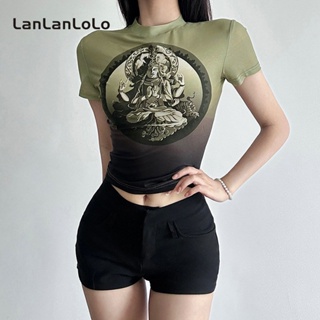 Lanlanlolo เสื้อยืดคอกลม แขนสั้น พิมพ์ลาย ทรงสลิมฟิต สําหรับผู้หญิง 2023