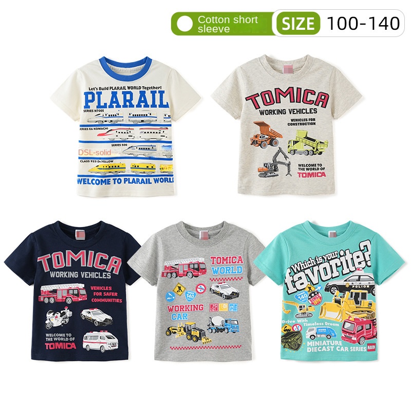 เสื้อผ้าเด็ก เสื้อยืดแขนสั้นเด็กฤดูร้อนชายเสื้อยืดแขนสั้นผ้าฝ้ายแท้เด็กเสื้อครึ่งแขนลายการ์ตูนรถบางด้านบนเสื้อผ้าเด็กญี่ปุ่น-0702