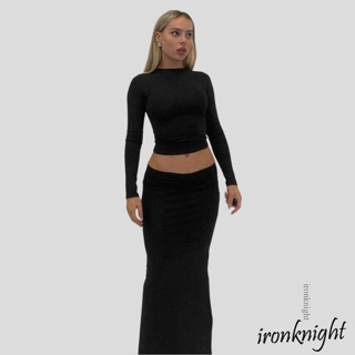 Ironknight- เสื้อยืดคอกลม แขนยาว สีพื้น พร้อมกระโปรงยาว สะโพก สําหรับผู้หญิง