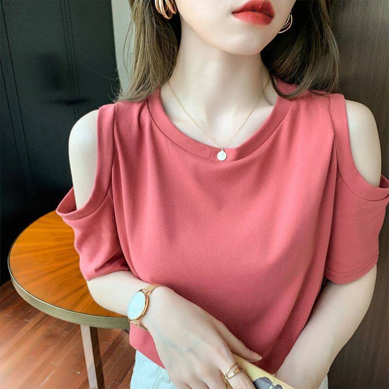 เสื้อยืดแขนสั้น คอกลม เปิดไหล่ แฟชั่นฤดูร้อน สไตล์เกาหลี สําหรับผู้หญิง
