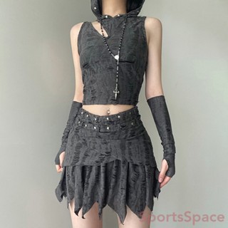 [SportsSpace]- ชุดเสื้อแขนกุด มีฮู้ด แต่งรอยขาด สไตล์อเมริกันเรโทร สองชิ้น