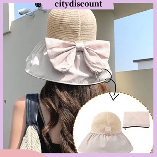 &lt;citydiscount&gt; หมวกปีกกว้าง ผ้าถักนิตติ้ง ทรงโดม ประดับโบว์ ไวนิล สีพื้น แฟชั่นสําหรับผู้หญิง