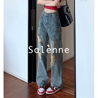 Solenne  กางเกงขายาว กางเกงยีสน์ผู้หญิง ทรงหลวม ๆ ตรง Retro Hip Hop Pants 2023 NEW Style รุ่นใหม่ Unique พิเศษ ทันสมัย A27L078 36Z230909