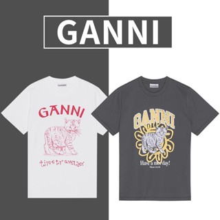 Ganni เสื้อยืดคอกลม แขนสั้น ผ้าฝ้ายแท้ พิมพ์ลายการ์ตูนแมว ทรงหลวม เข้ากับทุกการแต่งกาย แฟชั่นฤดูร้อน สําหรับผู้หญิง