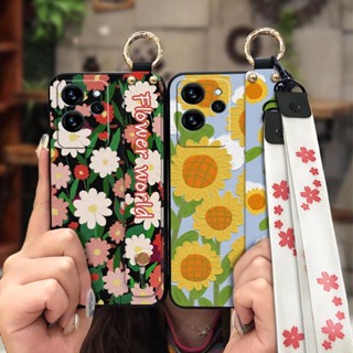 painting flowers Silicone Phone Case For Oukitel C32 Wrist Strap Anti-knock Wristband Durable protective Lanyard Soft Case