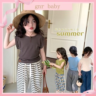 🍓GNR BABY🫐เสื้อยืดแขนกุด แบบบาง ขอบม้วน สีพื้น สําหรับเด็กผู้หญิง อายุ 3-12 ปี