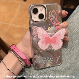 เคสโทรศัพท์มือถืออะคริลิค ชุบโลหะ ลายการ์ตูนผีเสื้อ พร้อมขาตั้ง หรูหรา สําหรับ IPhone 11Pro 11 13 14 12 Pro Max 14Pro Max