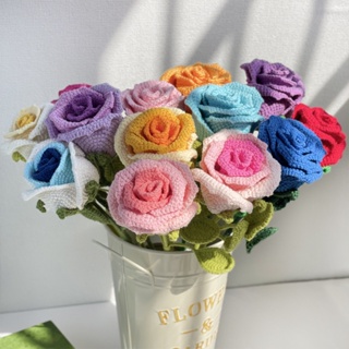 ช่อดอกกุหลาบประดิษฐ์ ผ้าวูลถักโครเชต์ แฮนด์เมด DIY สําหรับตกแต่งงานแต่งงาน วันครู วันวาเลนไทน์ ของขวัญวันเกิด