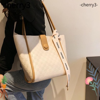 Cherry3 กระเป๋าถือ กระเป๋าสะพายไหล่ลําลอง หนัง PU ทรงคลัทช์ ลายสก๊อต สีพื้น สไตล์วินเทจ สําหรับสตรี