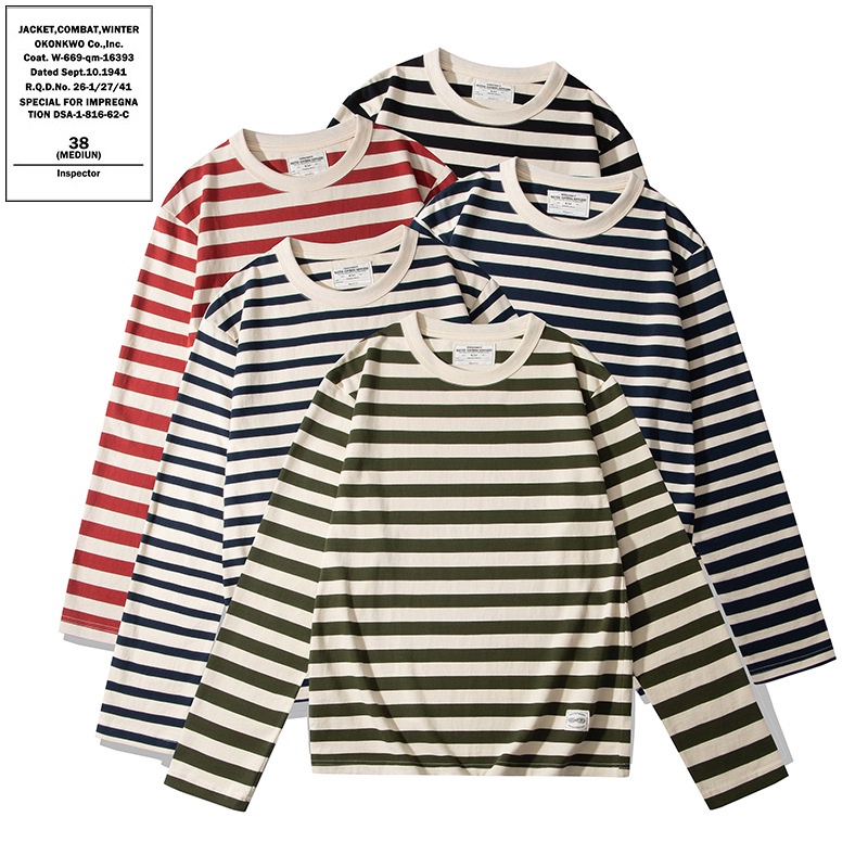 เสื้อยืดเชิ๊ตสำหรับผู้ชาย ทรงวินเทจ คอปีกนก แขนยาว มีลายทาง คุณภาพเยี่ยม หนัก 230 กรัม