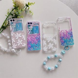 เคสโทรศัพท์มือถือ แบบแข็ง ฝาพับ ลายดอกไม้ สีน้ํา พร้อมสายคล้องมือ สําหรับ Samsung Galaxy Z Flip 5 4 3 2 1 5G Z Flip3 Flip4 Flip5 Flip2