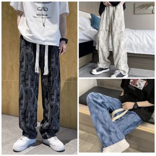 Stylepop กางเกงขายาว ผ้าร่อง ลายอักษร ผ้าใส่สบาย Pants AB2