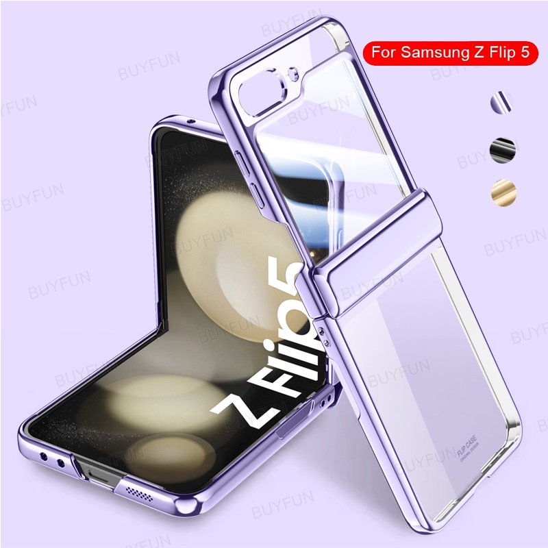สําหรับ Samsung Galaxy Z Flip 6 5 Flip6 ZFlip6 5G กรณี Electroplated บานพับปลอกชุบ Hard กันกระแทกฝาครอบใสแบบบูรณาการพร้อมกระจกนิรภัย