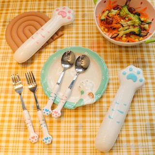 ღ เครื่องใช้บนโต๊ะอาหารสแตนเลสน่ารัก Kawaii Cat Claw ช้อนส้อมตะเกียบชุดการ์ตูนของขวัญชุดช้อนส้อมที่จับเซรามิกอุปกรณ์ครัว