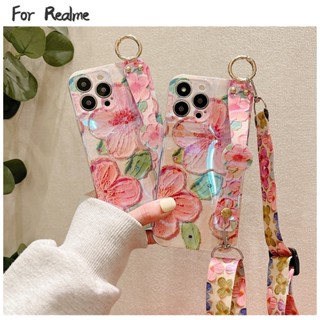 เคสโทรศัพท์มือถือนิ่ม ลายดอกไม้ พีช พร้อมสายคล้องมือ สําหรับ Realme C21 C21Y C20 C35 C30 C33 C30S 9i 5G