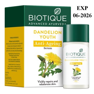 Biotique Serum Bio Dandelion Visibly Ageless Serum 40ml. ไบโอติกเซรั่ม ลดรอยแกะสิว รอยดำ จุดฝ้ากระลึก.