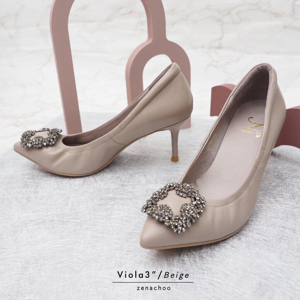 ทรงปกติ เปลี่ยนไซส์ได้ ไม่รับคืนZenachoo รุ่น Viola3 สี Beige สูง 3 นิ้ว หัวแหลม หนังแกะแท้
