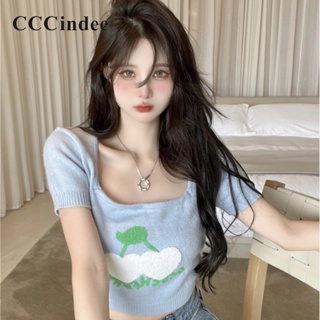 Cccindee เสื้อยืดครอป แขนสั้น คอสี่เหลี่ยม แฟชั่นใหม่ สําหรับผู้หญิง 2023