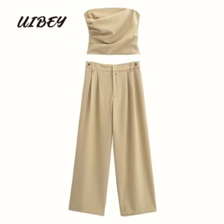 Uibey เสื้อท็อปส์แฟชั่น แบบพับ + กางเกงขากว้าง 1567