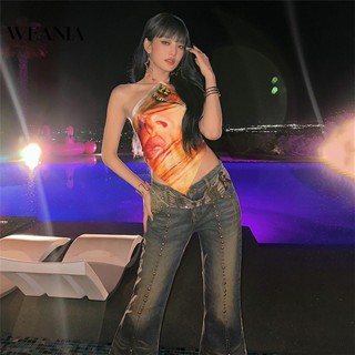 Weania เสื้อกล้าม สายคล้องคอ พิมพ์ลาย สไตล์สลิมฟิต สําหรับผู้หญิง