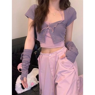 ชุดเสื้อแขนสั้น เอวสูง ทรงหลวม สีม่วงอ่อน แฟชั่นสําหรับเด็กผู้หญิง จํานวนสองชิ้น