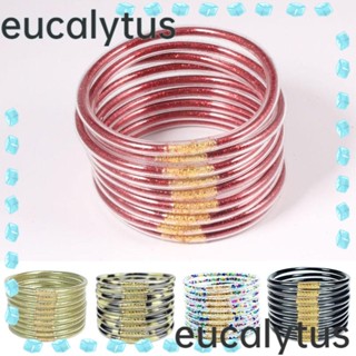 Eucalytus1 ชุดกําไลข้อมือซิลิโคน เจลลี่นิ่ม แต่งกลิตเตอร์ สีทอง เครื่องประดับ สําหรับผู้หญิง 9 ชิ้น ต่อชุด