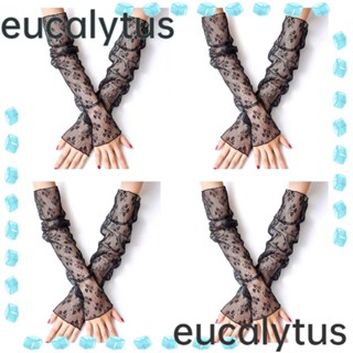 Eucalytus1 ปลอกแขน ผ้าเรยอน พิมพ์ลายลูกไม้ กันแดด ทรงหลวม สีดํา สําหรับผู้หญิง 4 คู่