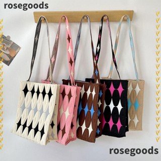 Rosegoods1 กระเป๋าถือ ผ้าถัก ความจุเยอะ สีตัดกัน แฟชั่น สําหรับนักเรียน