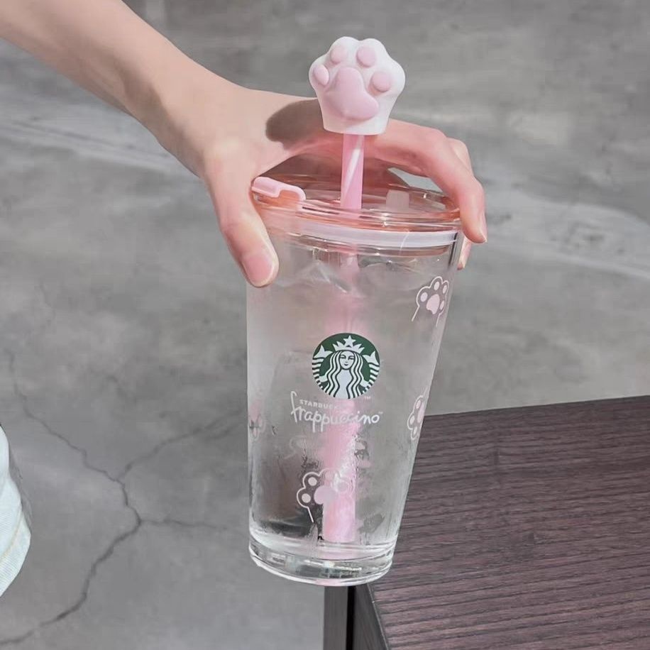 Starbucks Star Ice Happy Enjoy Cup Cat Claw Glass Straw Cup 450ml ของขวัญสตาร์บัคส์มูลค่าสูง