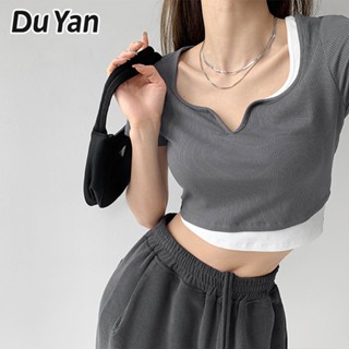 Du Yan เสื้อยืดแขนสั้น คอวี โชว์สะดือ สีพื้น สองชิ้น สําหรับผู้หญิง