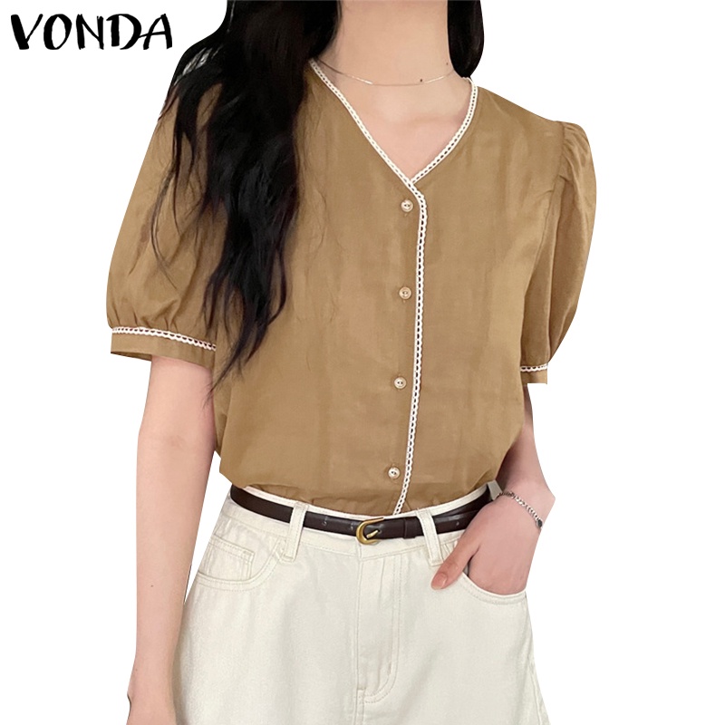 Vonda เสื้อเชิ้ตแขนสั้น คอวี สไตล์เกาหลี สําหรับผู้หญิง