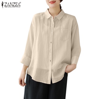 Zanzea เสื้อเชิ้ตแขนสามส่วน สไตล์เกาหลี สีพื้น สําหรับผู้หญิง