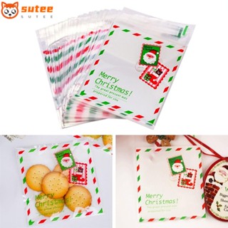 Sutee ถุงกระดาษแก้วพลาสติก ลาย Merry Christmas สําหรับใส่บัตร ของขวัญ ปาร์ตี้ 100 ชิ้น