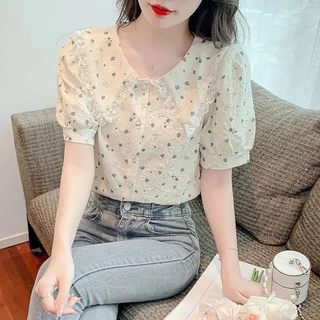 พร้อมส่งจากไทย เสื้อตุ๊กตาปกออกแบบหวานน่ารัก ดอกไม้แขนพอง เสื้อเชิ้ตแขนสั้นผู้หญิงสีเหลือง