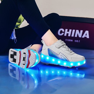 【สินค้าเฉพาะจุด】รองเท้ามีล้อ ไฟ LED คิดค่าใช้จ่าย 2 รองเท้าเดินแบบล้อเลื่อนแบบอินไลน์โรลเลอร์สเก็ต ล้อพับ