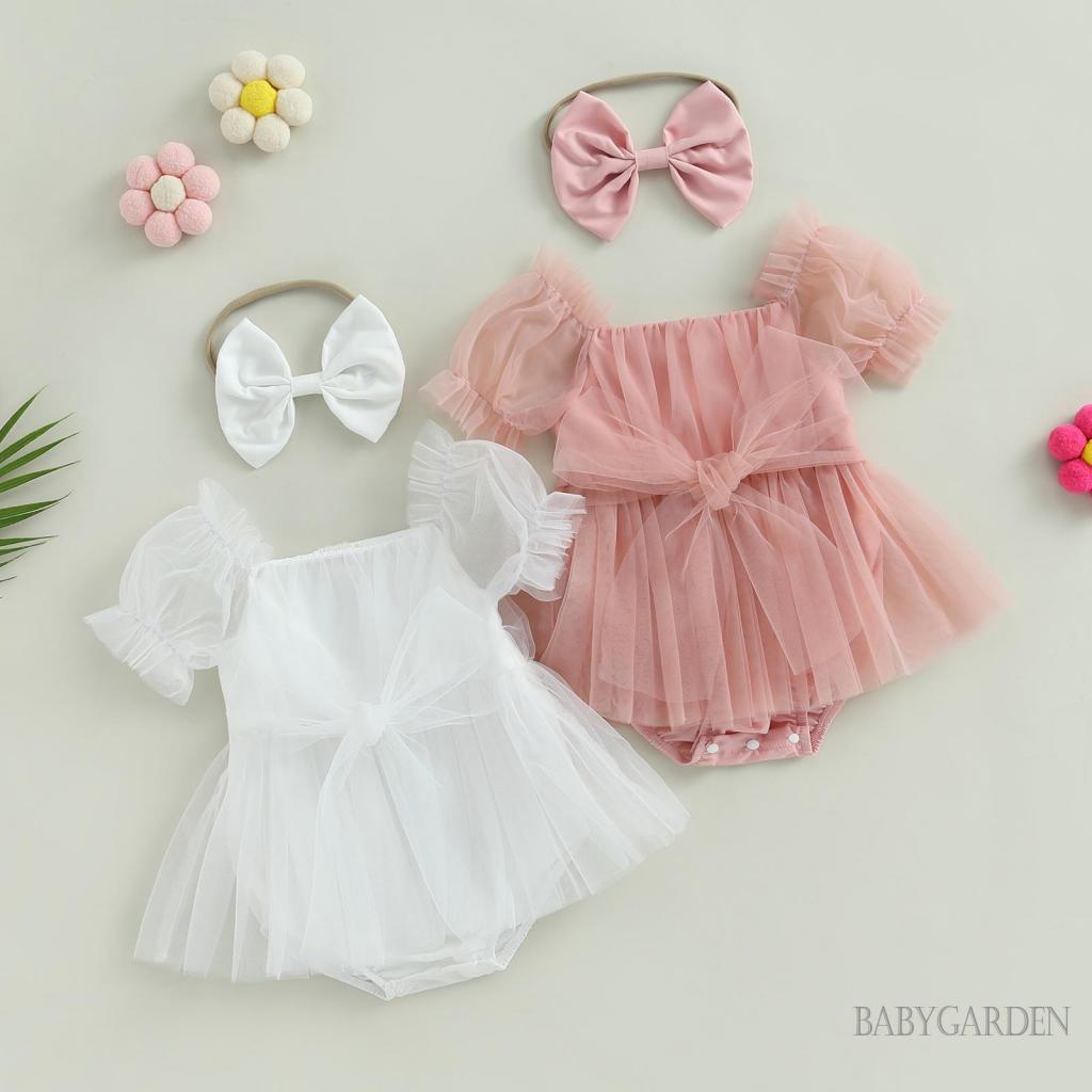 Baga-ชุดรอมเปอร์ แขนสั้น ประดับโบว์ด้านหน้า พร้อมที่คาดผม แฟชั่นฤดูร้อน สําหรับเด็กผู้หญิง