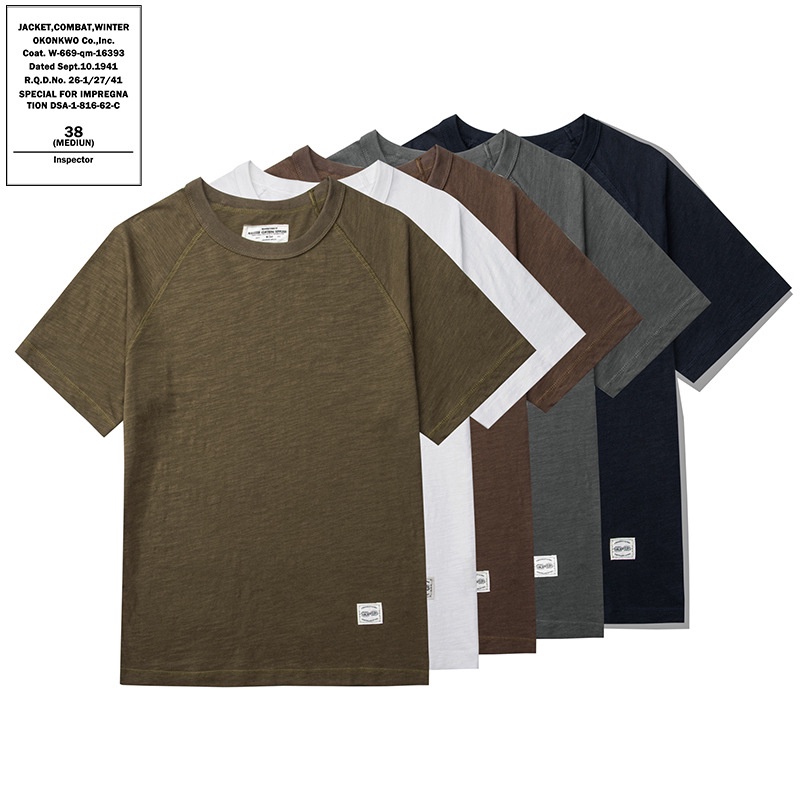 OKONKWO 2023 Slub Cotton Solid Basic 210g เสื้อยืดแขนสั้น Raglan วินเทจ