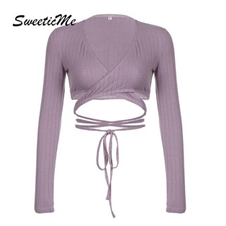 Sweeticme ใหม่ เสื้อครอปลําลอง แขนยาว คอวี สีพื้น แฟชั่นสําหรับสตรี 2023