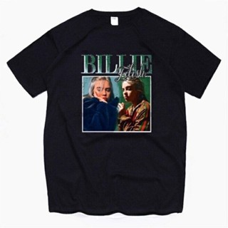 เสื้อเชิ้ตแขนสั้น เสื้อไม่ต้องรีด ผ้านุ่ม คอกลม เสื้อยืด พิมพ์ลาย Billie Eilish 90s สไตล์วินเทจ คุณภาพสูง สีดํา เป็นที่น