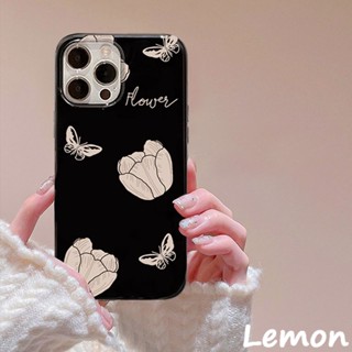 Lemon - เคสโทรศัพท์มือถือแบบนิ่ม ลายดอกทิวลิป สีดําวาว สไตล์เกาหลี เรียบง่าย สําหรับ ไอโฟน 14pro 14promax 13 13pro 13promax 11 12 12pro 12promax XR XSMAX 7P 8P MINI