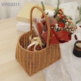 Virgo311 ตะกร้าสานแบบพกพาพร้อมที่จับ PP หวายทอมือกระเช้าสำหรับของขวัญผักผลไม้