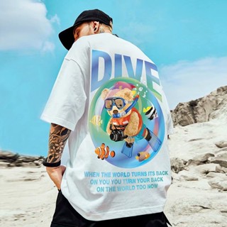 S-8XL National tide personality hip-hop oversize couple wear trend diving bear print short-sleeved T-shirt men and _02